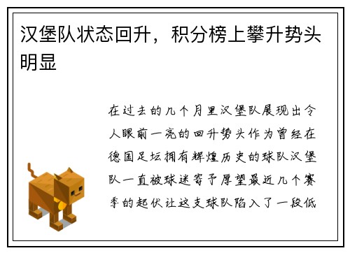 汉堡队状态回升，积分榜上攀升势头明显